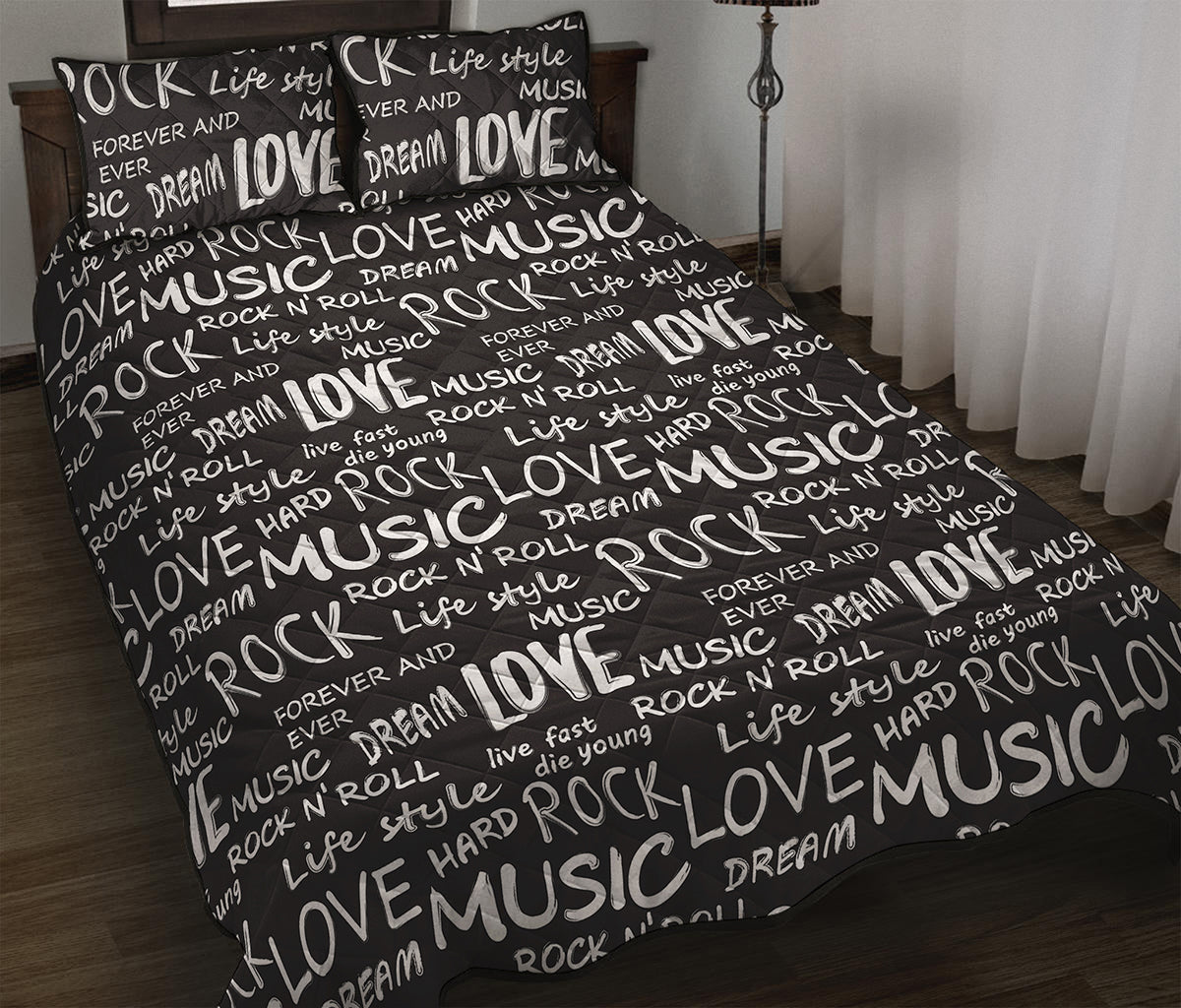 Black And White Rock And Roll Print Quilt Bed Set
