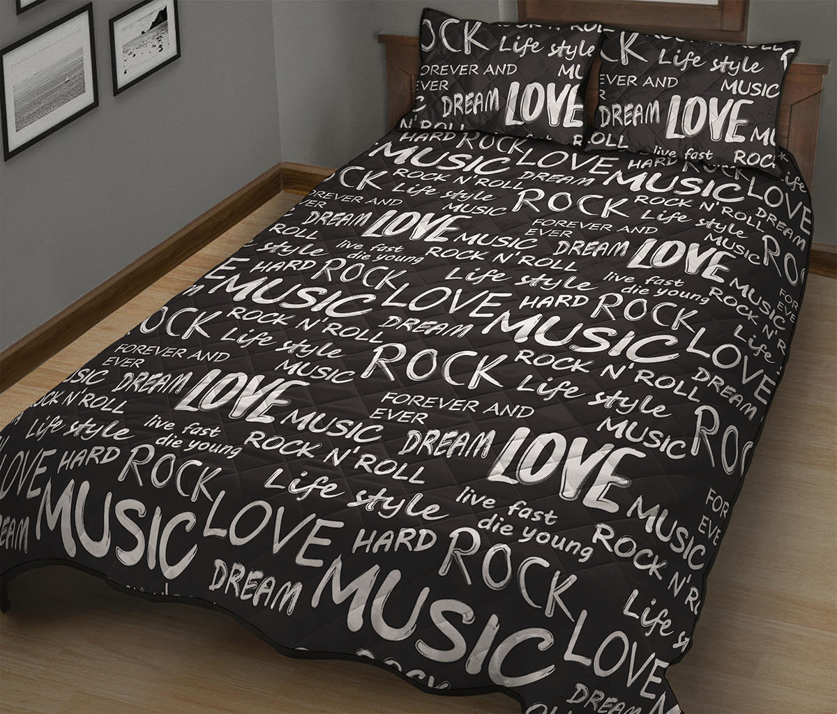Black And White Rock And Roll Print Quilt Bed Set