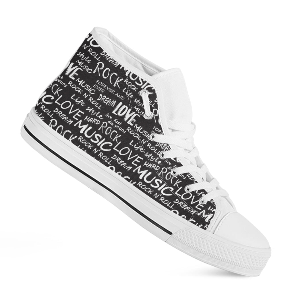Black And White Rock And Roll Print White High Top Shoes