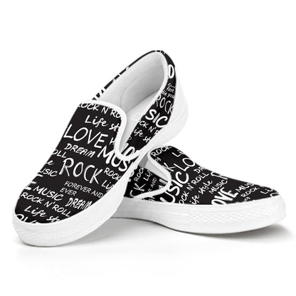 Black And White Rock And Roll Print White Slip On Shoes