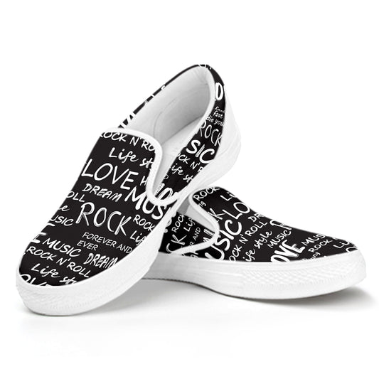 Black And White Rock And Roll Print White Slip On Shoes