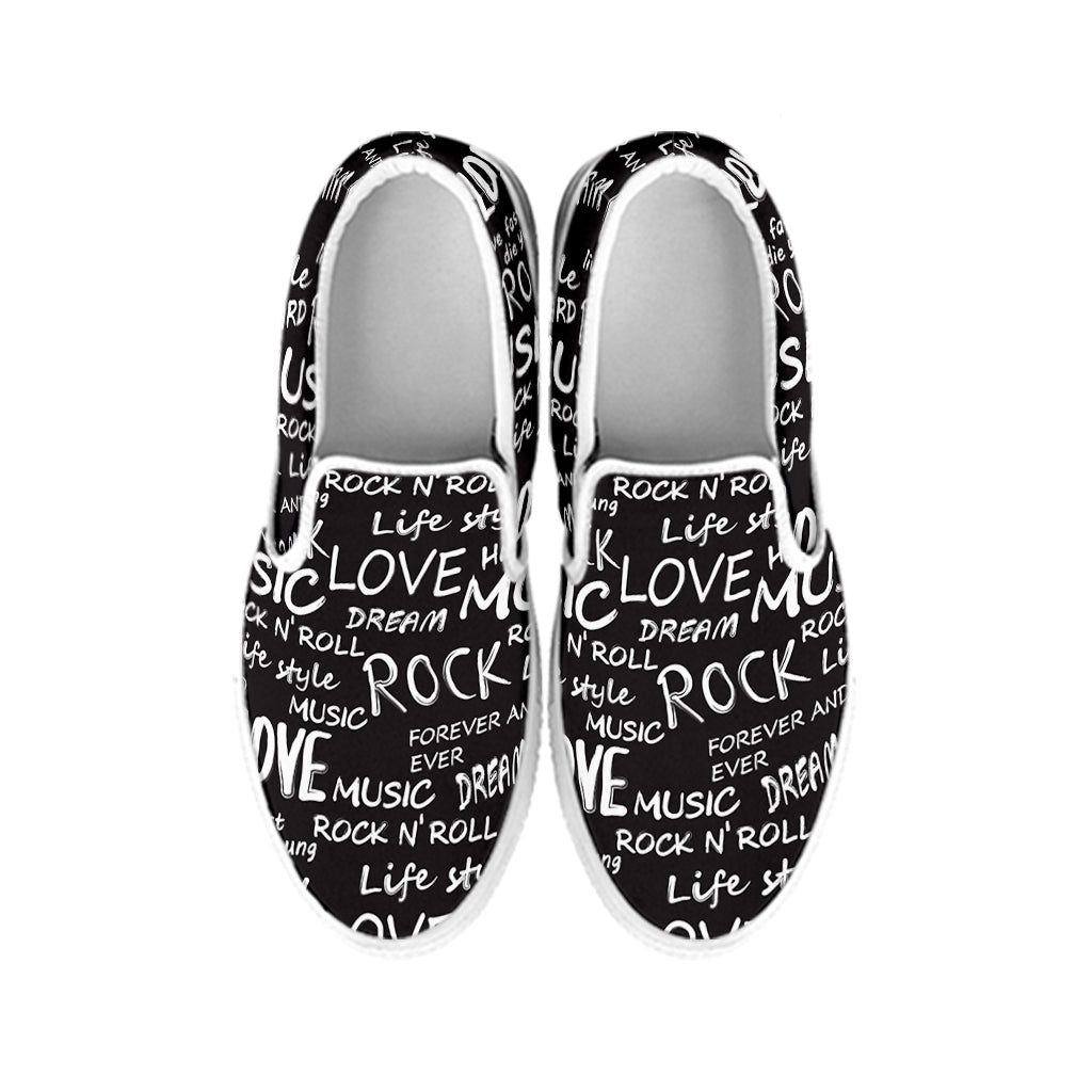 Black And White Rock And Roll Print White Slip On Shoes