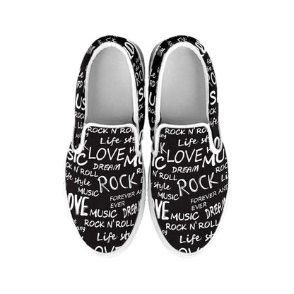 Black And White Rock And Roll Print White Slip On Shoes