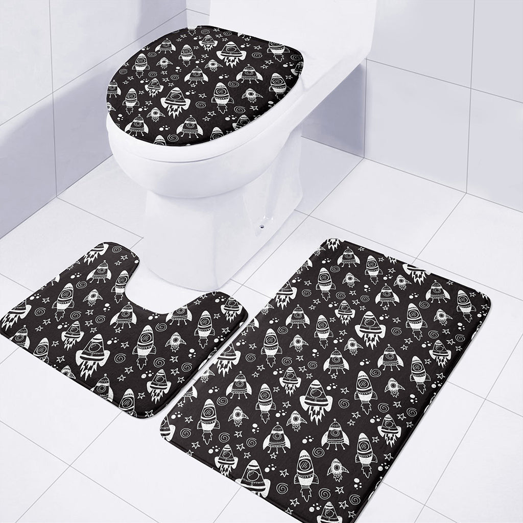 Black And White Rocket Pattern Print 3 Piece Bath Mat Set