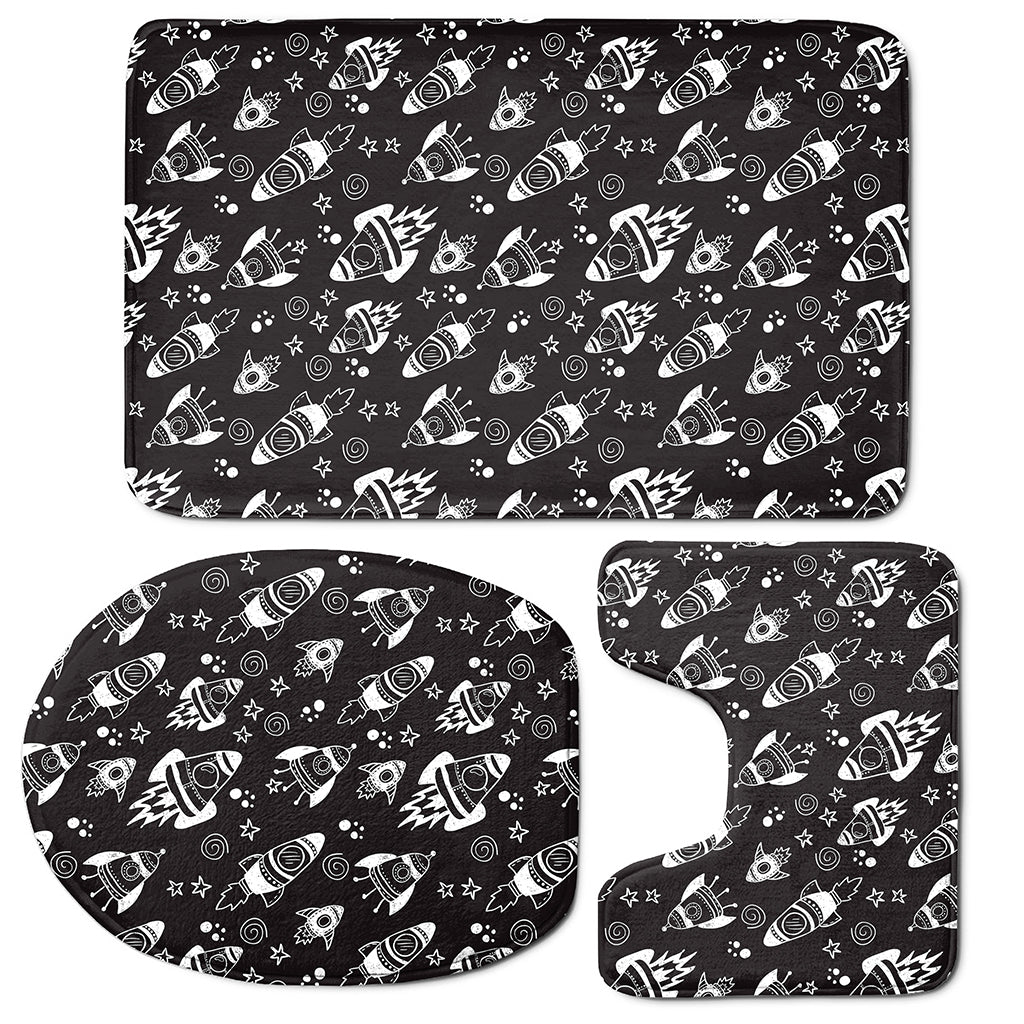 Black And White Rocket Pattern Print 3 Piece Bath Mat Set