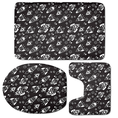 Black And White Rocket Pattern Print 3 Piece Bath Mat Set