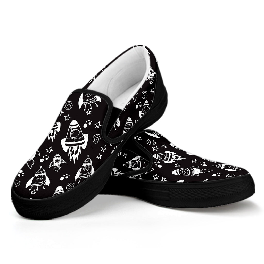 Black And White Rocket Pattern Print Black Slip On Shoes