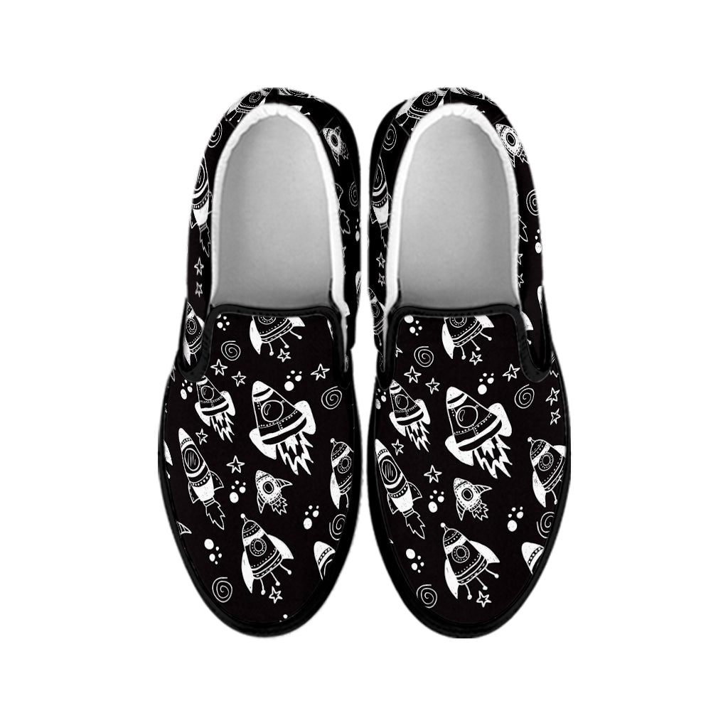 Black And White Rocket Pattern Print Black Slip On Shoes