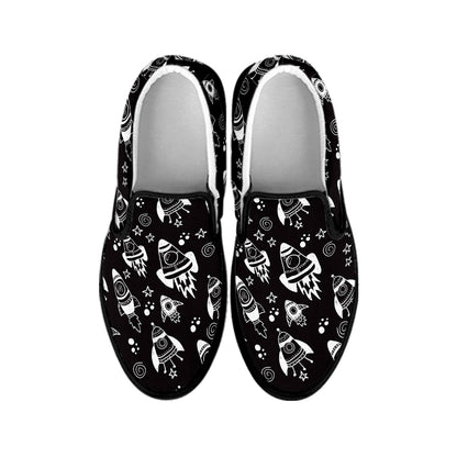 Black And White Rocket Pattern Print Black Slip On Shoes