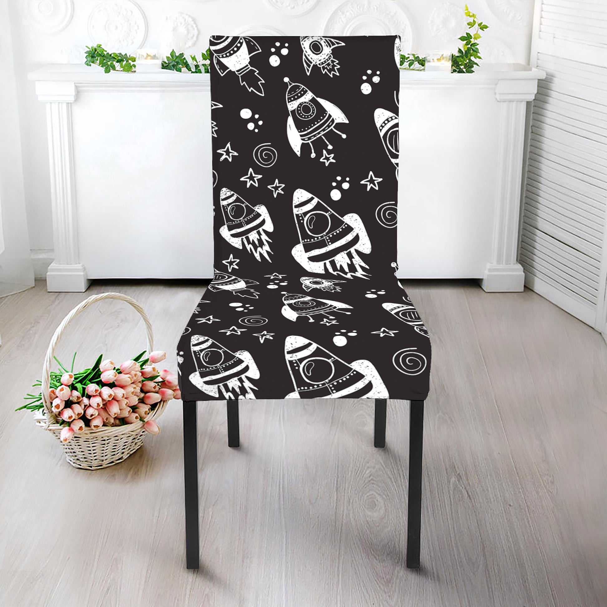 Black And White Rocket Pattern Print Dining Chair Slipcover