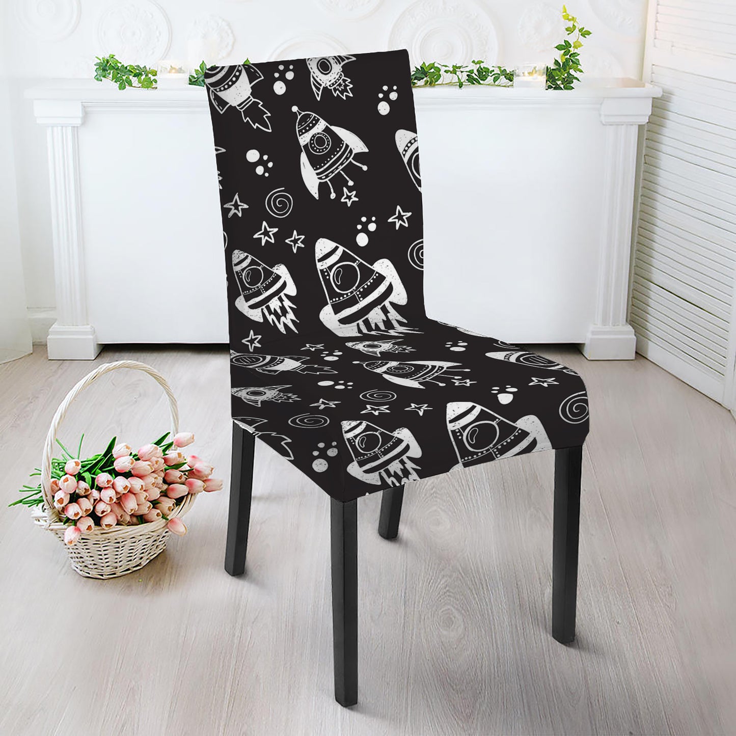 Black And White Rocket Pattern Print Dining Chair Slipcover