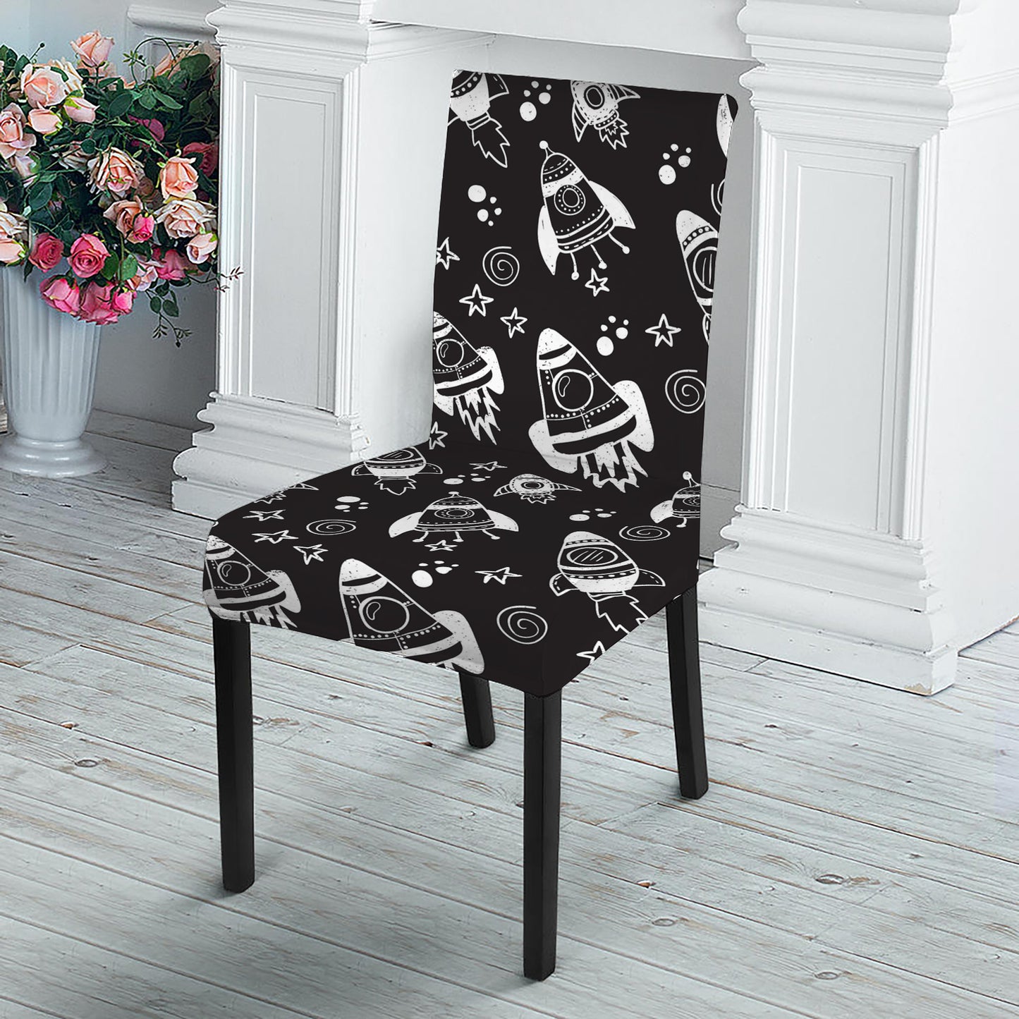 Black And White Rocket Pattern Print Dining Chair Slipcover