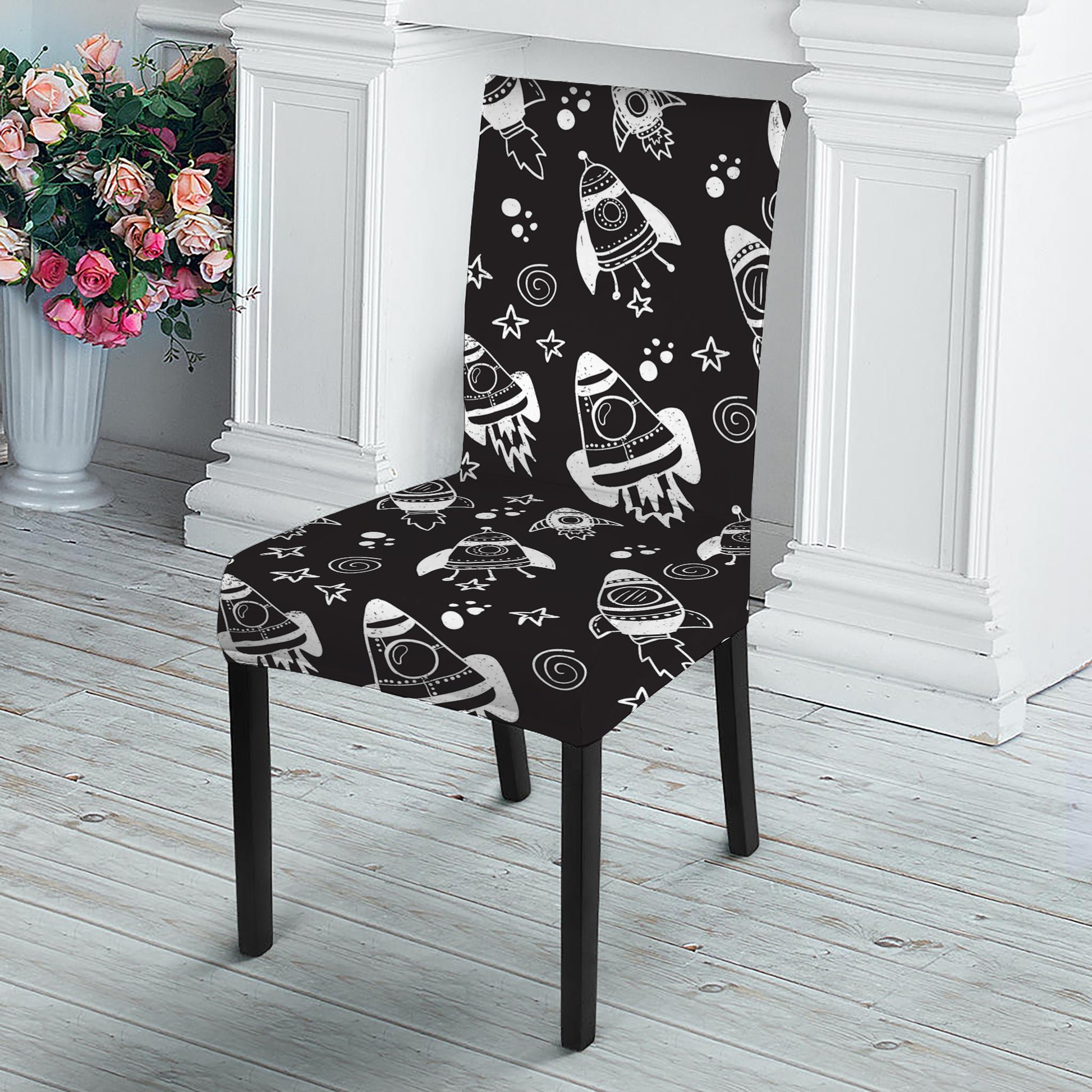 Black And White Rocket Pattern Print Dining Chair Slipcover