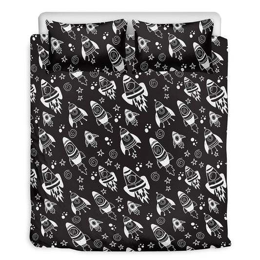 Black And White Rocket Pattern Print Duvet Cover Bedding Set