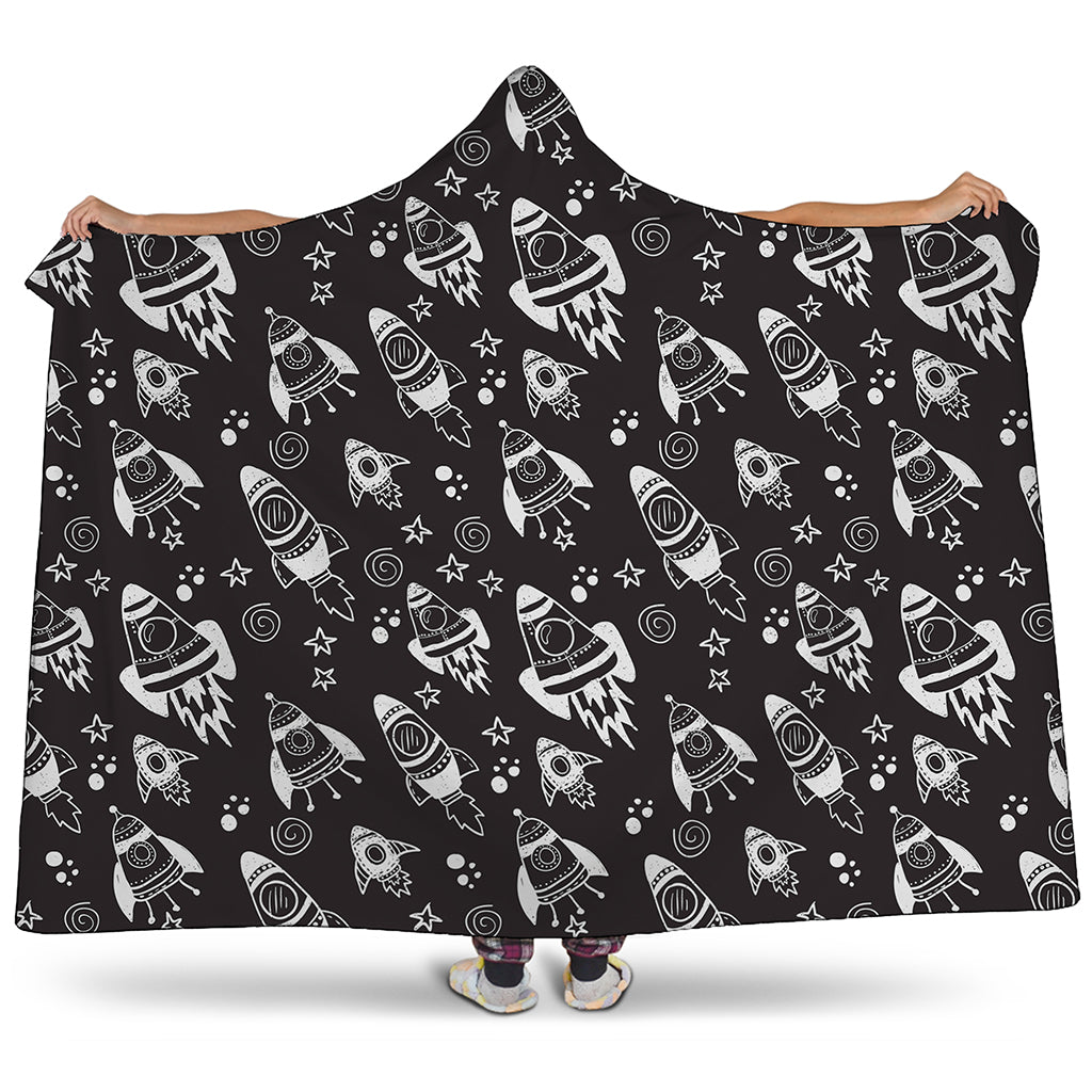 Black And White Rocket Pattern Print Hooded Blanket
