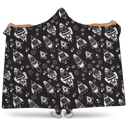 Black And White Rocket Pattern Print Hooded Blanket