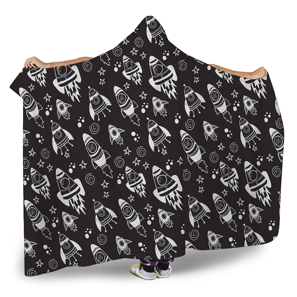 Black And White Rocket Pattern Print Hooded Blanket