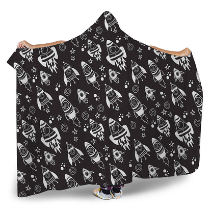 Black And White Rocket Pattern Print Hooded Blanket
