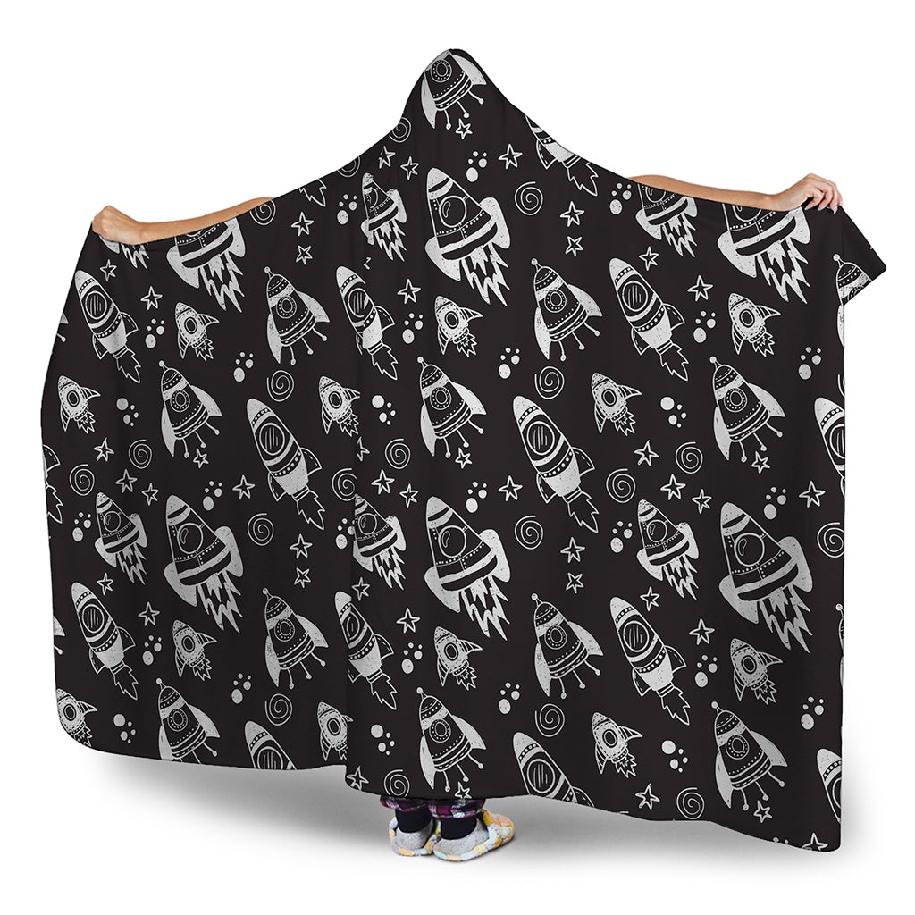 Black And White Rocket Pattern Print Hooded Blanket