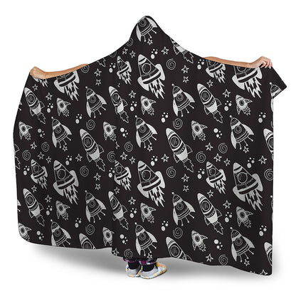 Black And White Rocket Pattern Print Hooded Blanket