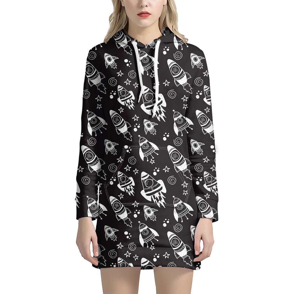 Black And White Rocket Pattern Print Hoodie Dress