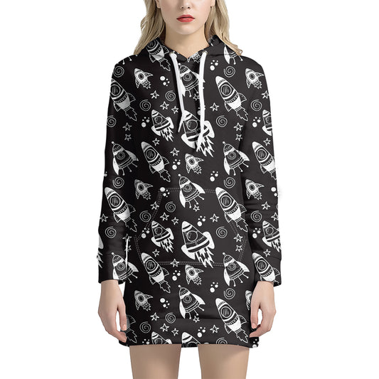 Black And White Rocket Pattern Print Hoodie Dress