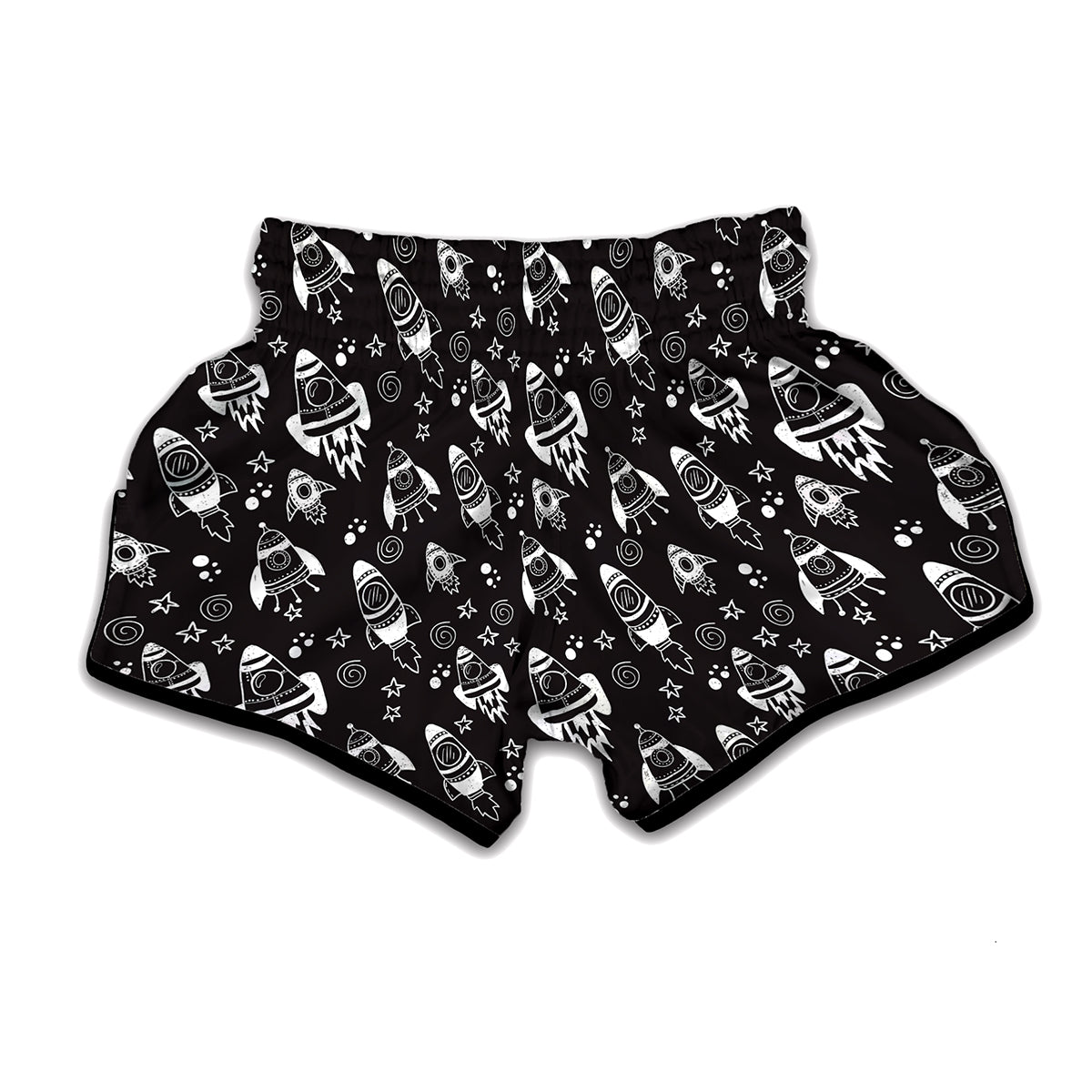 Black And White Rocket Pattern Print Muay Thai Boxing Shorts