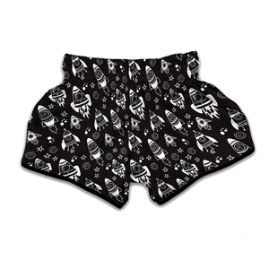 Black And White Rocket Pattern Print Muay Thai Boxing Shorts