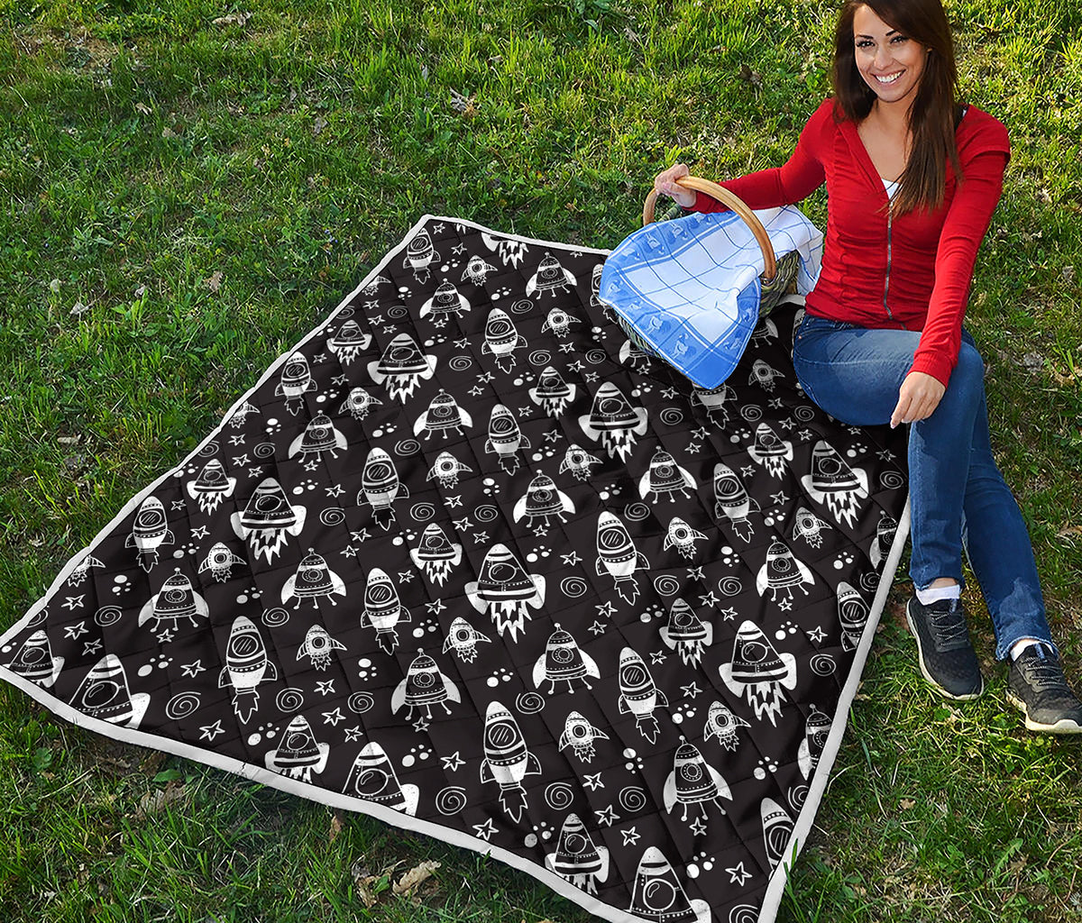 Black And White Rocket Pattern Print Quilt