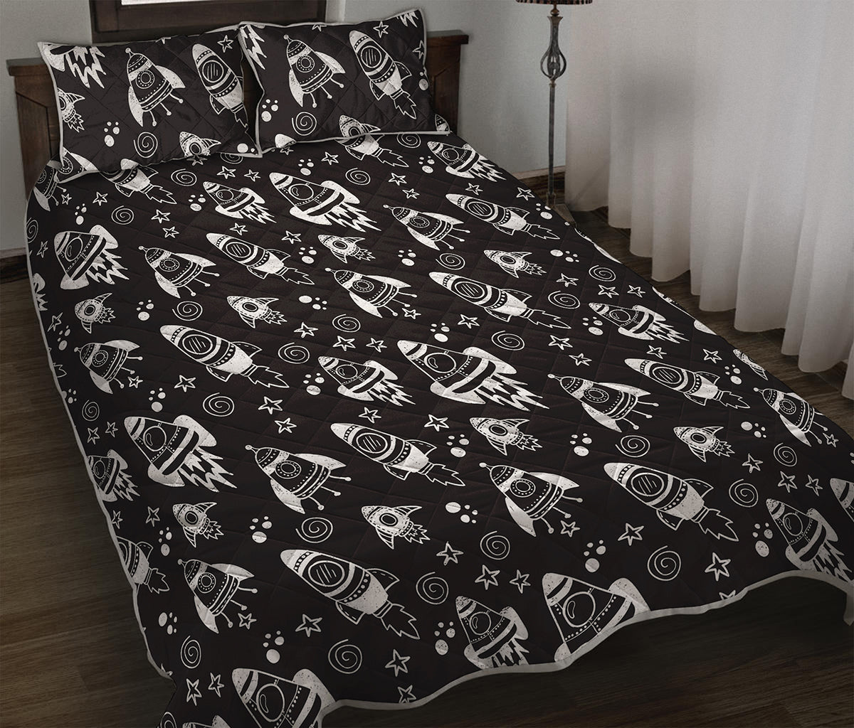 Black And White Rocket Pattern Print Quilt Bed Set