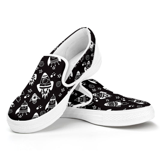 Black And White Rocket Pattern Print White Slip On Shoes