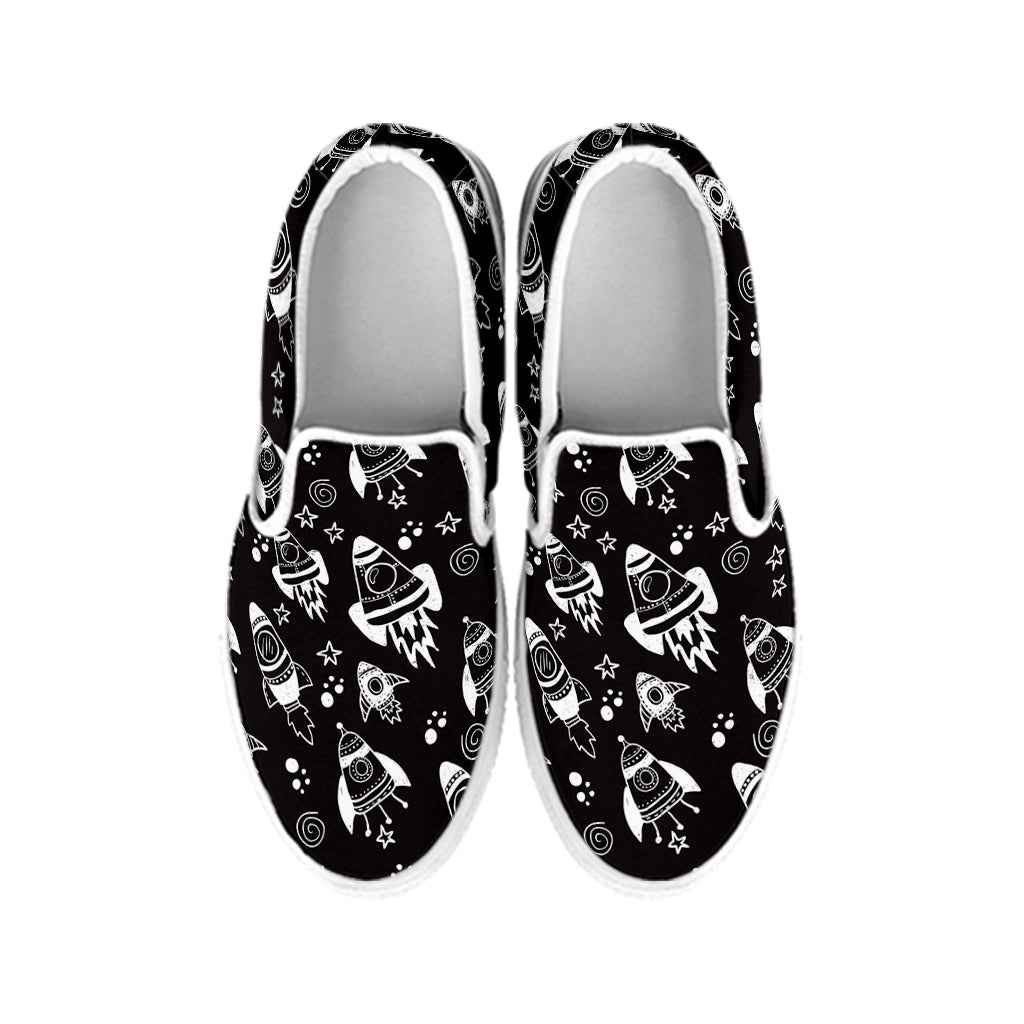 Black And White Rocket Pattern Print White Slip On Shoes
