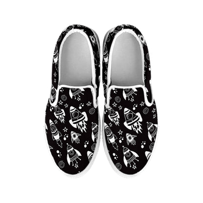 Black And White Rocket Pattern Print White Slip On Shoes