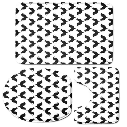 Black And White Rooster Pattern Print 3 Piece Bath Mat Set