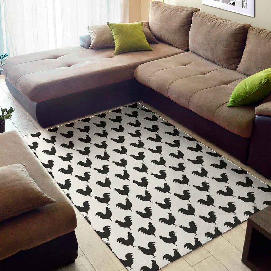 Black And White Rooster Pattern Print Area Rug