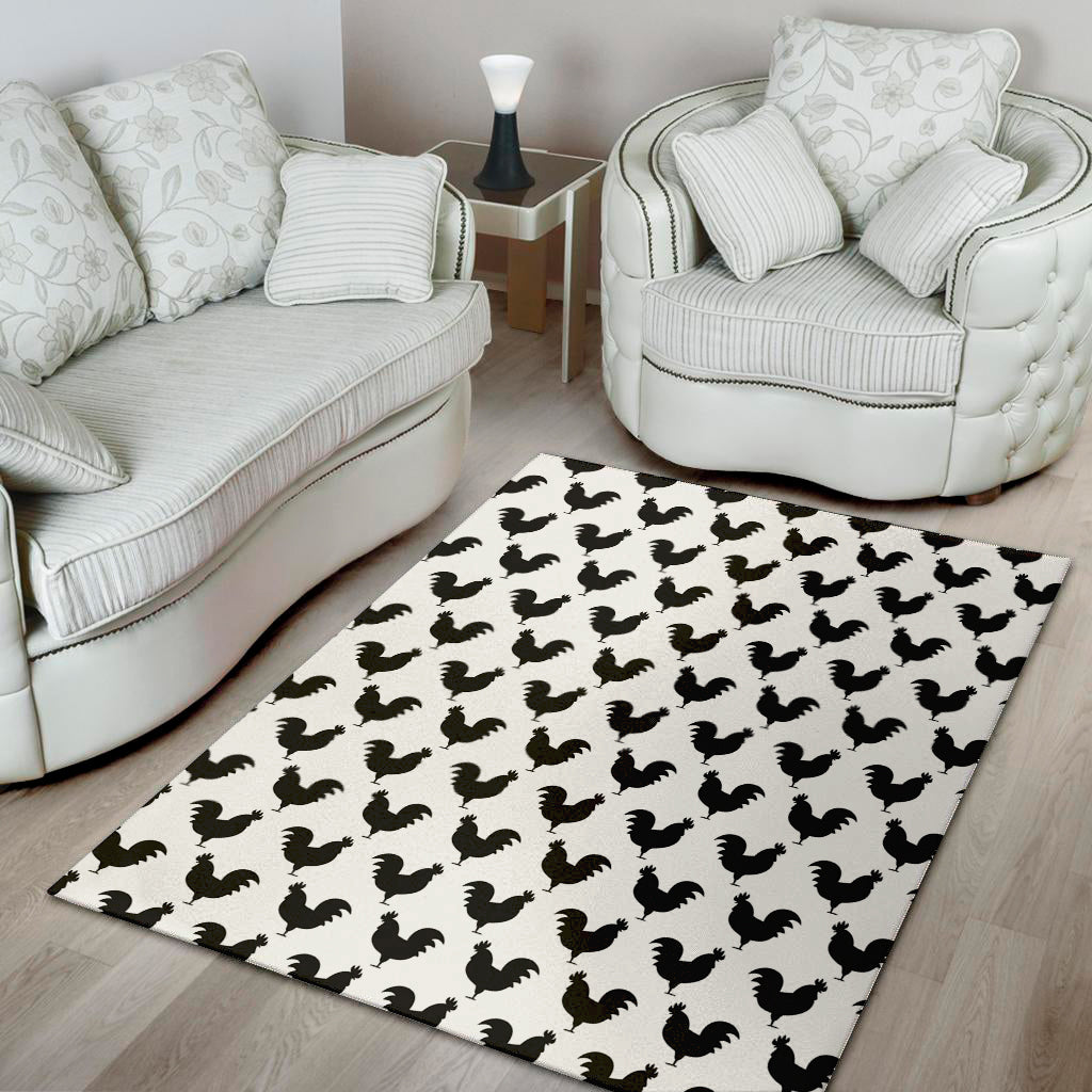 Black And White Rooster Pattern Print Area Rug