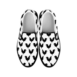 Black And White Rooster Pattern Print Black Slip On Shoes