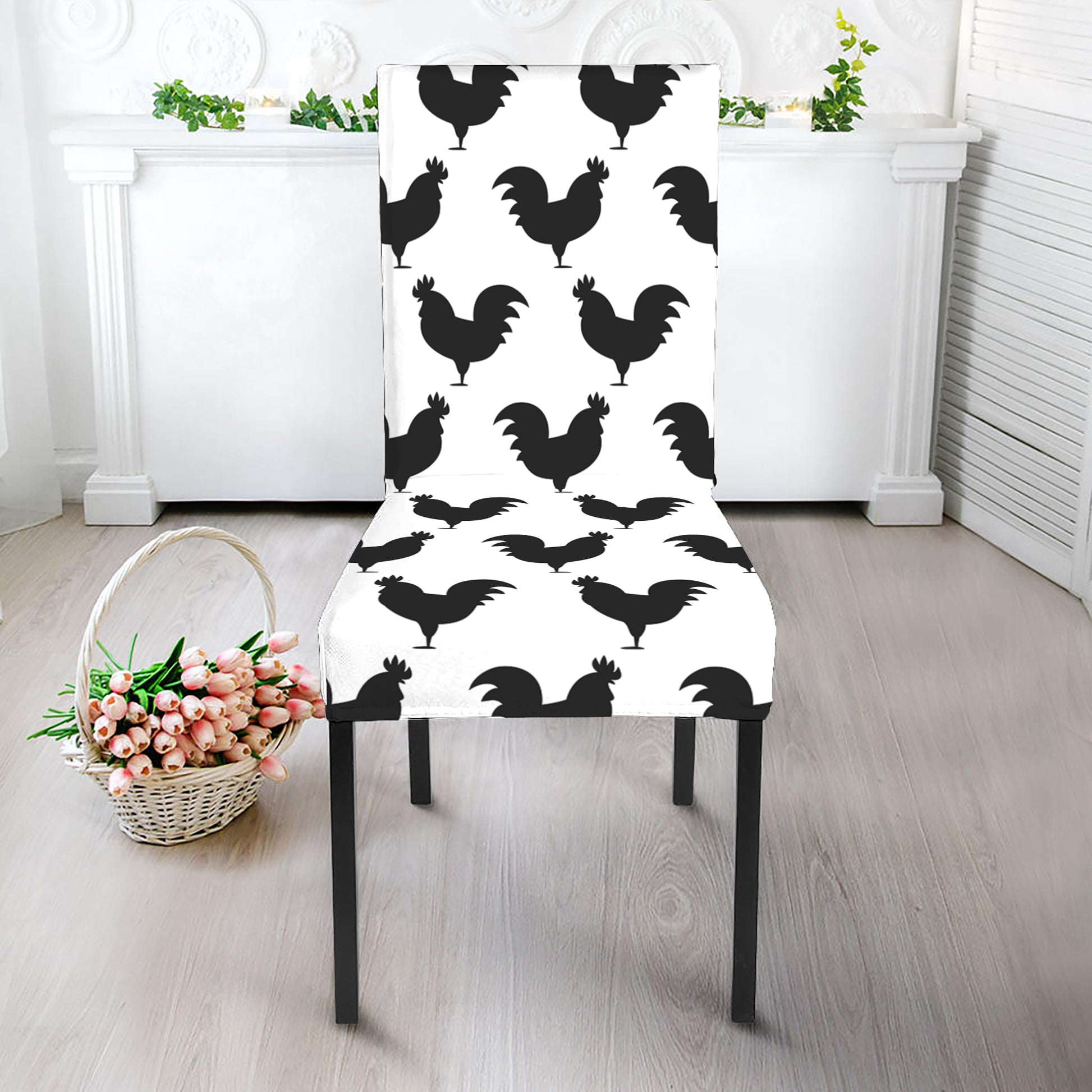 Black And White Rooster Pattern Print Dining Chair Slipcover