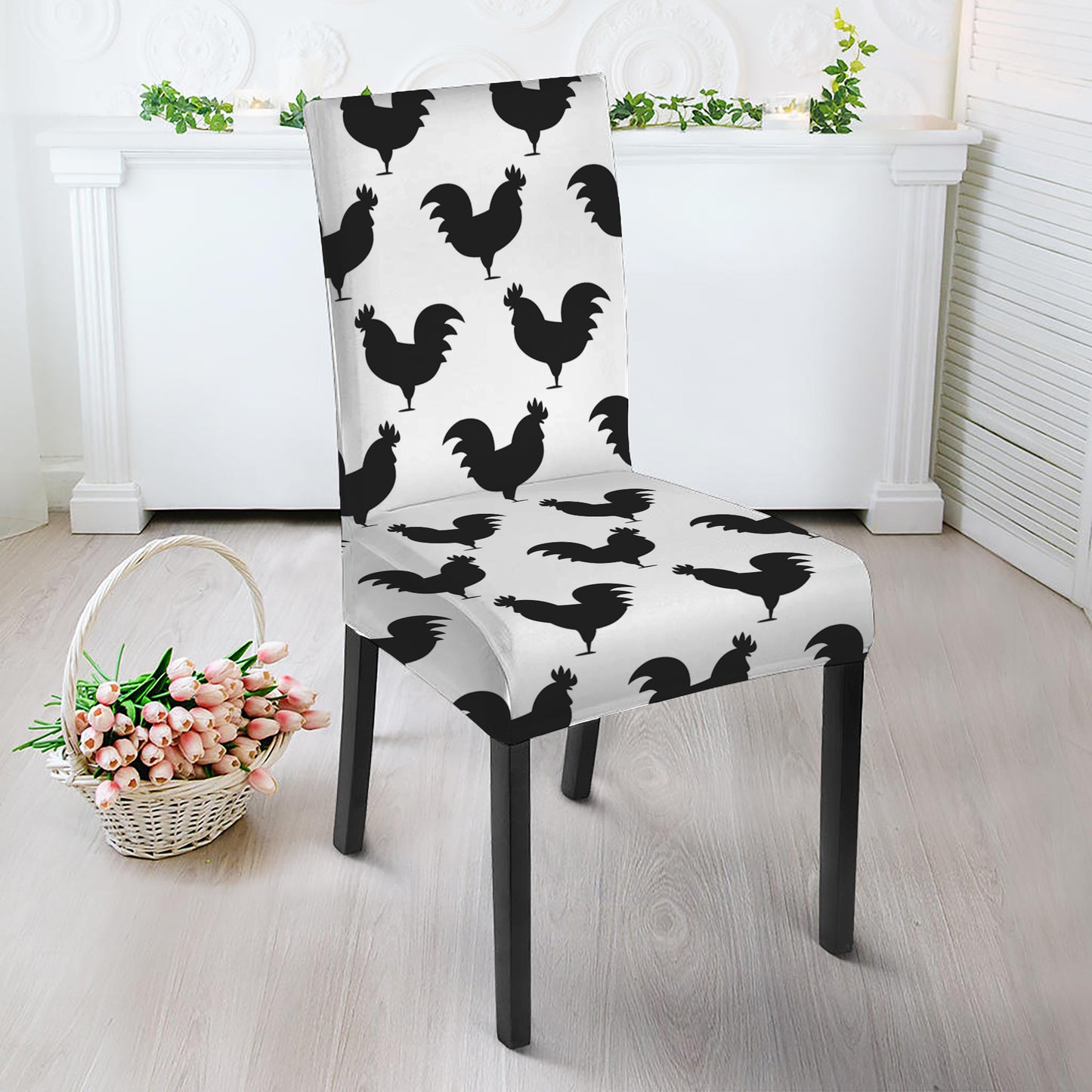 Black And White Rooster Pattern Print Dining Chair Slipcover