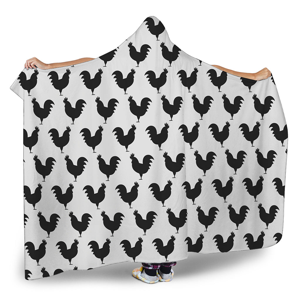 Black And White Rooster Pattern Print Hooded Blanket