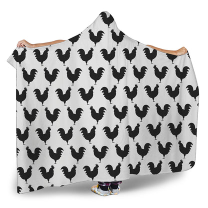 Black And White Rooster Pattern Print Hooded Blanket
