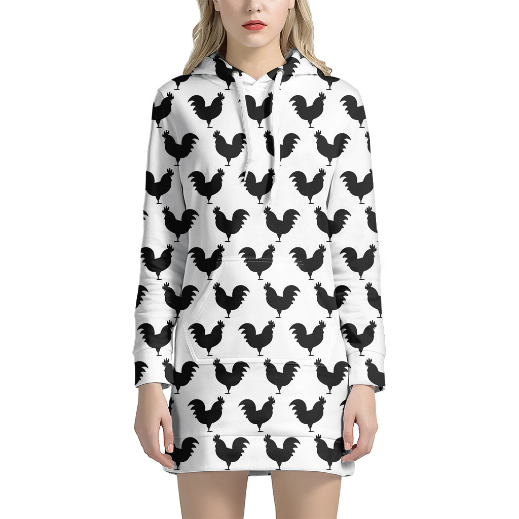 Black And White Rooster Pattern Print Hoodie Dress