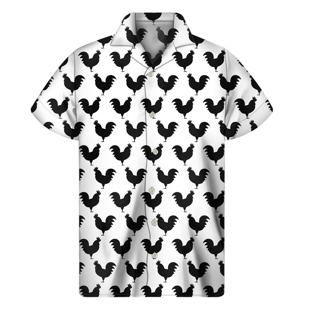 Black And White Rooster Pattern Print Men's Short Sleeve Shirt