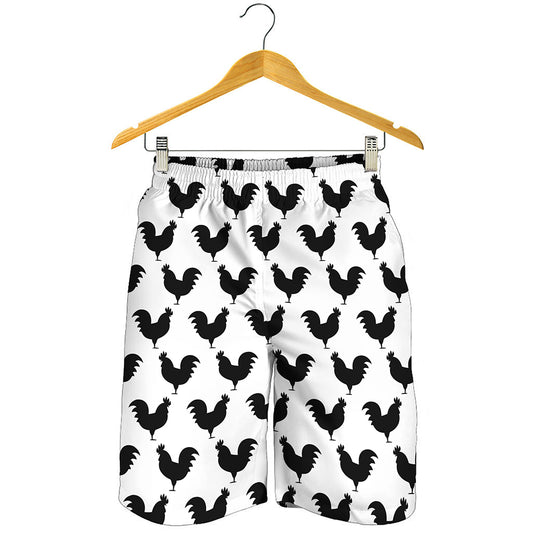 Black And White Rooster Pattern Print Men's Shorts
