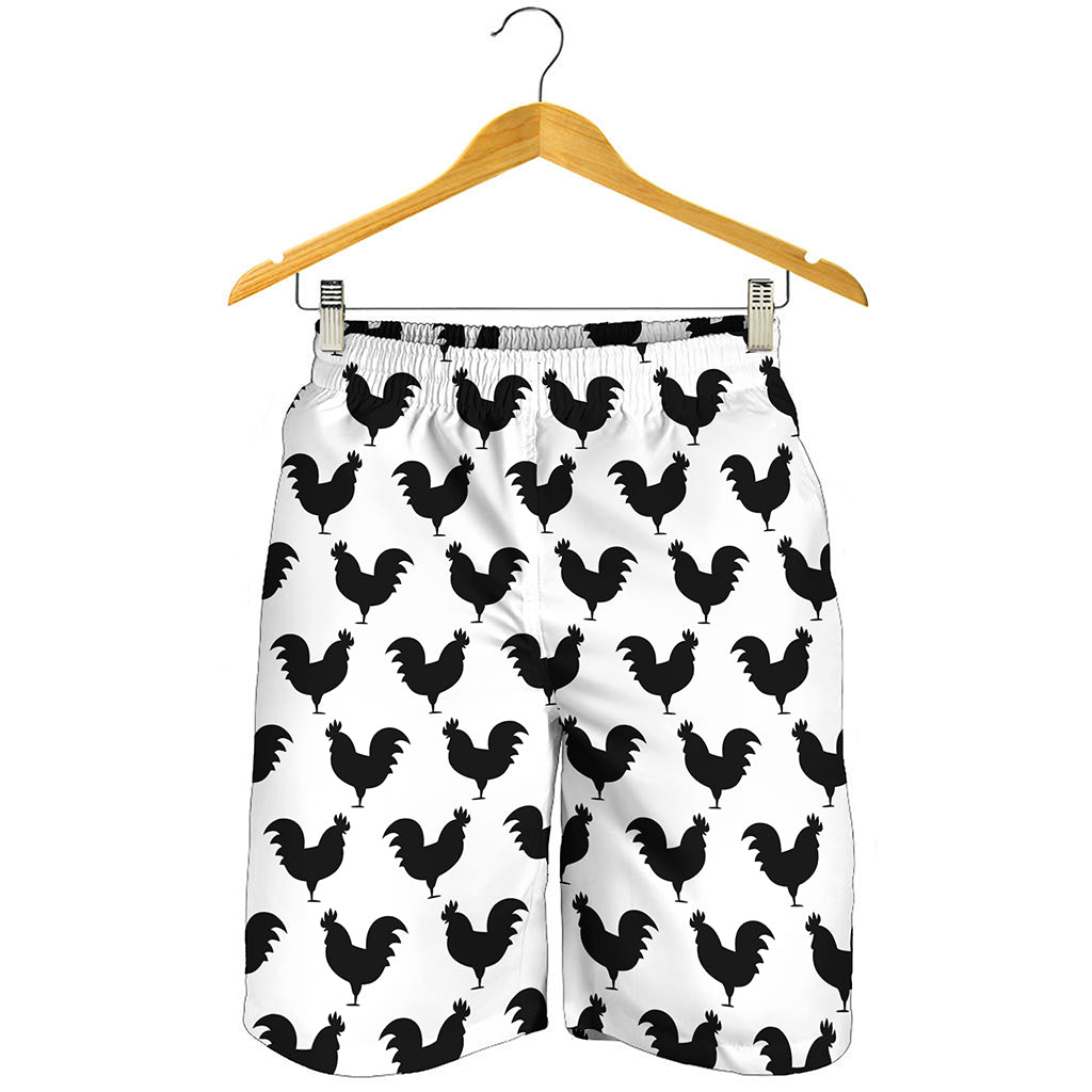 Black And White Rooster Pattern Print Men's Shorts