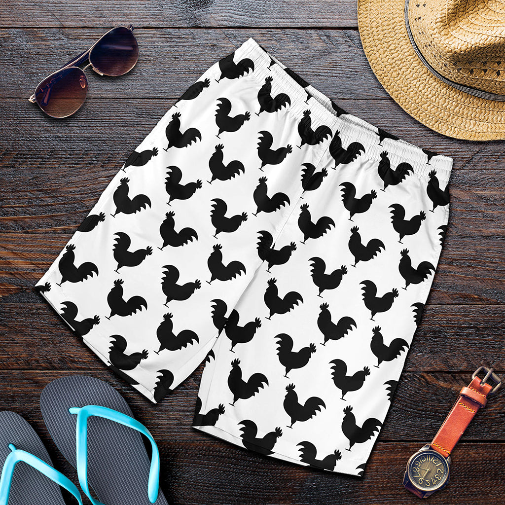 Black And White Rooster Pattern Print Men's Shorts