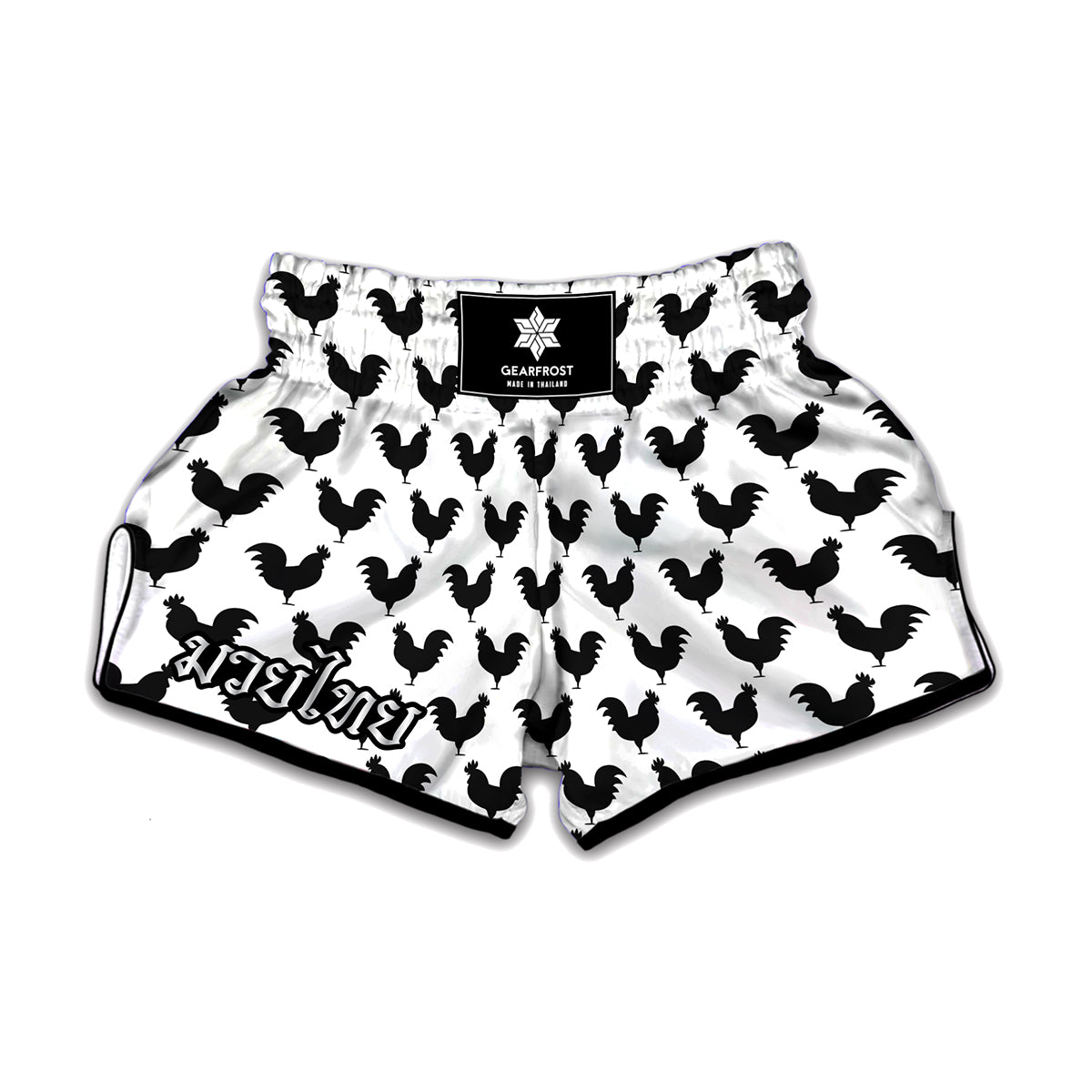 Black And White Rooster Pattern Print Muay Thai Boxing Shorts