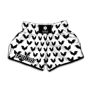 Black And White Rooster Pattern Print Muay Thai Boxing Shorts