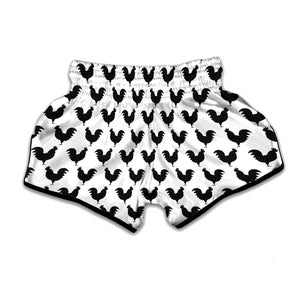 Black And White Rooster Pattern Print Muay Thai Boxing Shorts