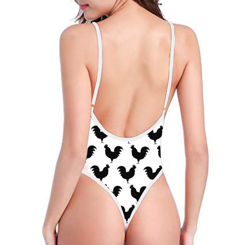 Black And White Rooster Pattern Print One Piece High Cut Swimsuit